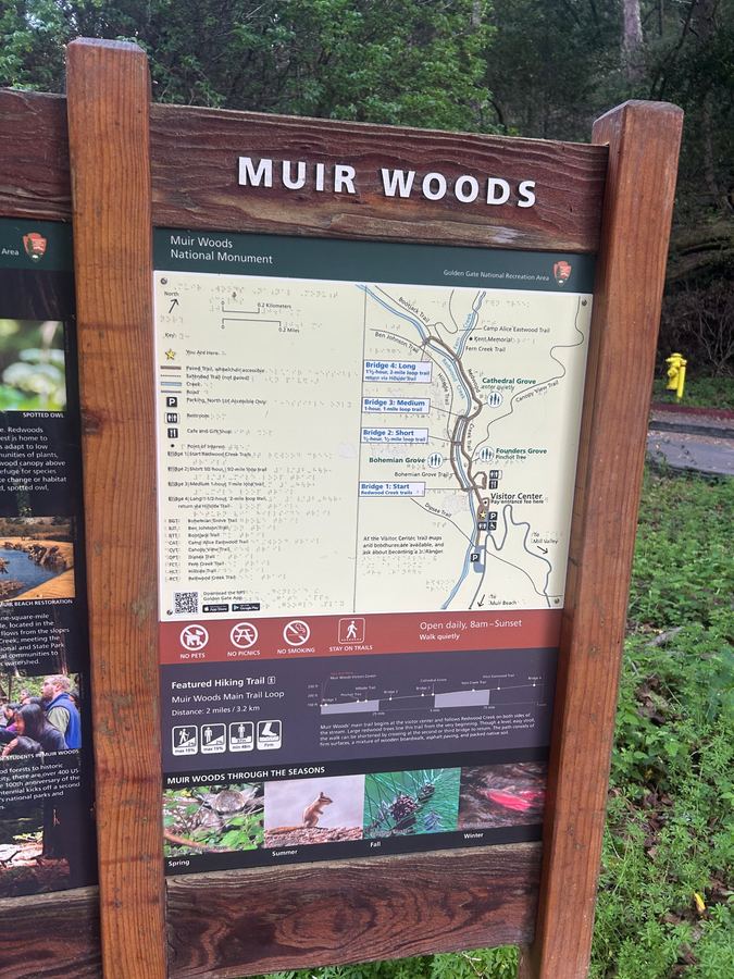 A wooden trailhead sign at Muir Woods National Monument showing a trail map along Redwood Creek